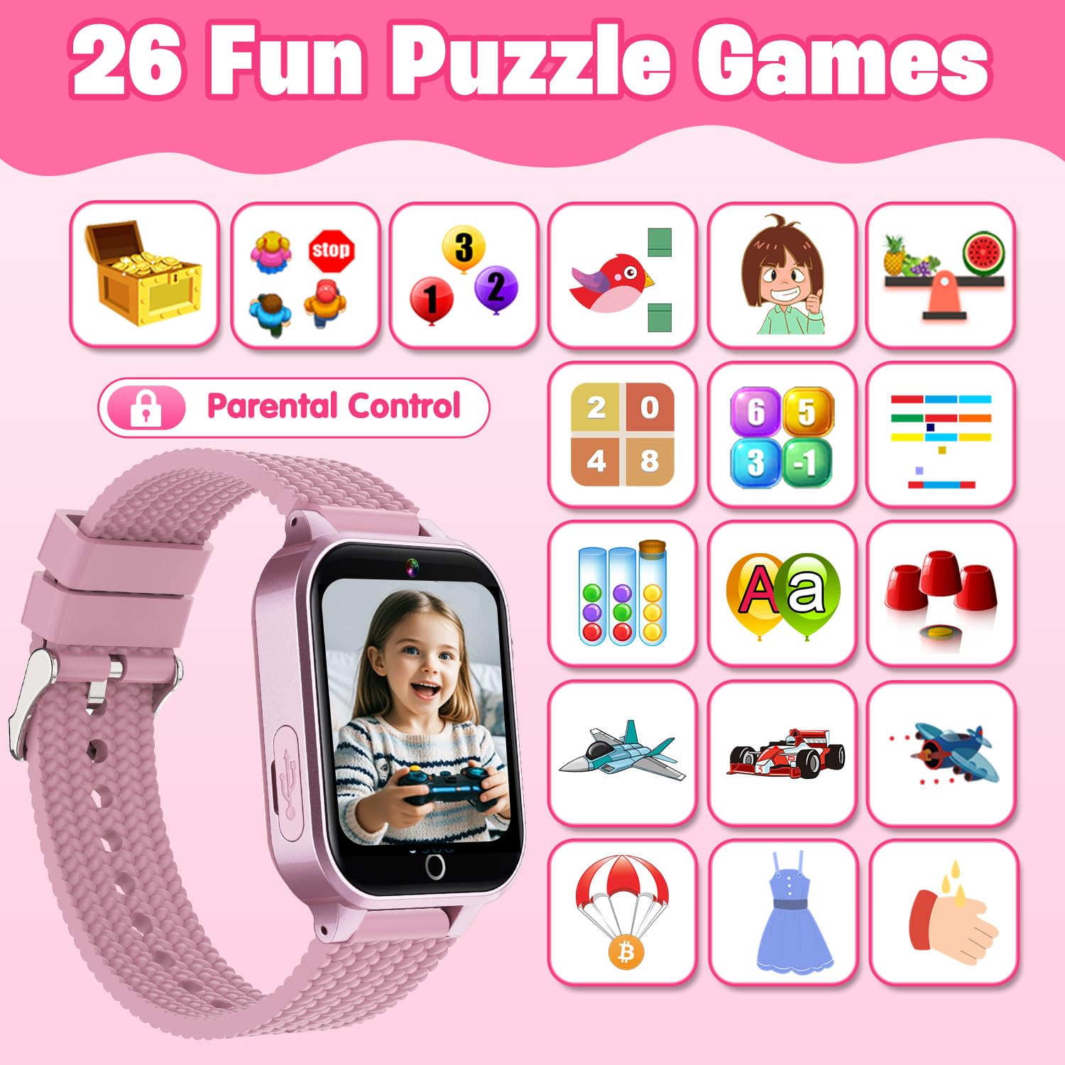 Kids Smart Watch For Girls Age 5-12, Kids Watch With 26 Games, Camera Music Player Pedometer Habit Tracking Hd Touchscreen Flash